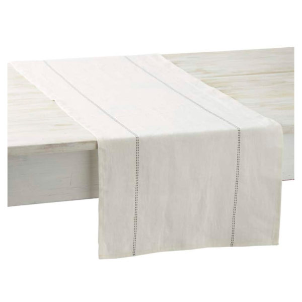 Chemin de table en lin blanc/bleu